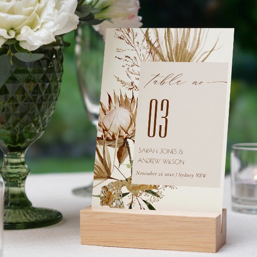 Elegant Boho Protea Ivory Dry Palm Floral Wedding Tischnummer