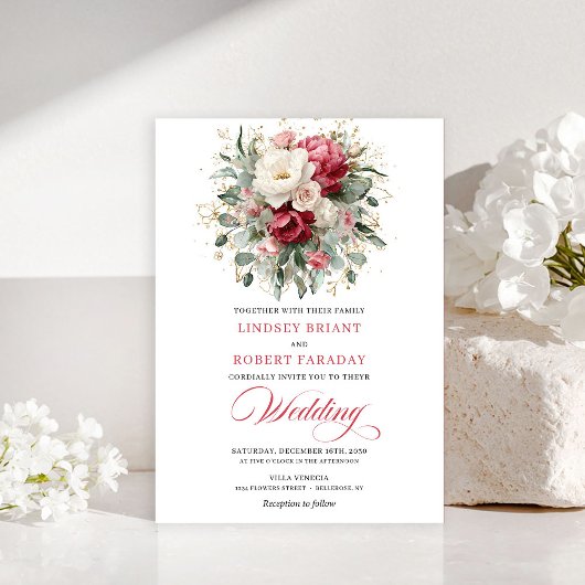 Elegant Boho Red White Greenery Wedding Invitation Einladung