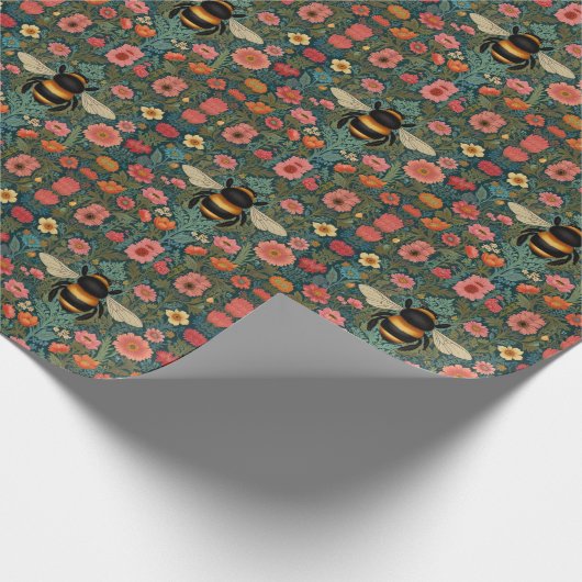 Elegant boho retro bumblebee spring florals geschenkpapier (Ecke)