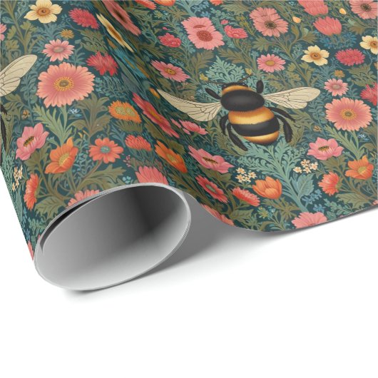 Elegant boho retro bumblebee spring florals  geschenkpapier (Rolleneckpunkt)