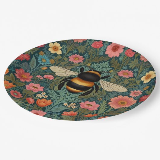 Elegant boho retro bumblebee spring florals pappteller (Schrägansicht)