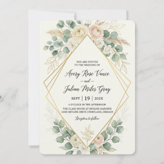 Elegant Boho Rosé Floral Gold Geometrische Hochzei Einladung