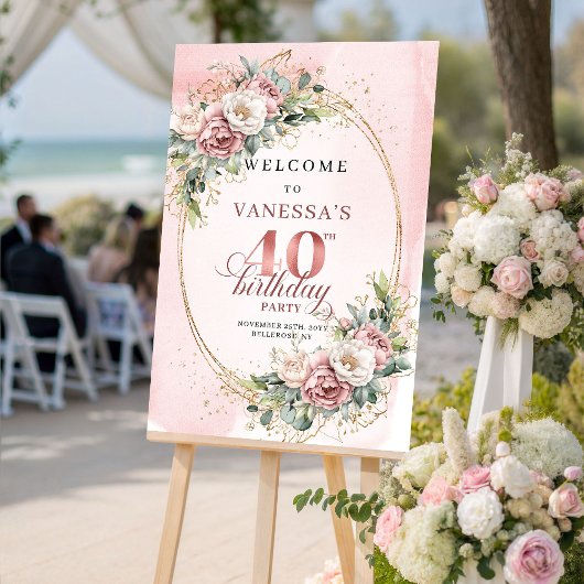 Elegant Boho Rose Gold Greenery 40th Birthday  Poster