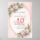 Elegant Boho Rose Gold Greenery 40th Birthday  Poster (Vorne)