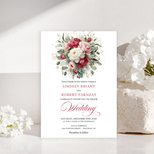 Elegant Boho Ruby Red Blush Greenery Invitation Einladung