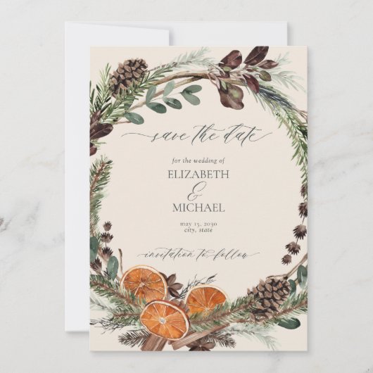 Elegant Boho Rustic Citrus Orange Save the Date Einladung (Vorderseite)