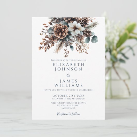 Elegant Boho Rustic Floral Pinecone Hochzeit Einladung (Stehend Vorderseite)