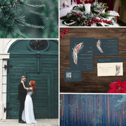 Elegant Boho Rustic Pampas & Pine Green Tan Red Menükarte