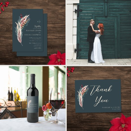 Elegant Boho Rustic Pampas & Pine Green Tan Red RSVP Karte