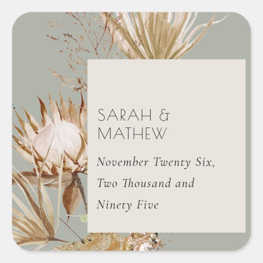 Elegant Boho Saga Green Protea getrocknet Palm Flo Quadratischer Aufkleber (Vorderseite)