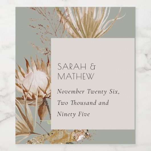 Elegant Boho Saga Green Protea getrocknet Palm Flo Weinetikett (Einzelnes Label)