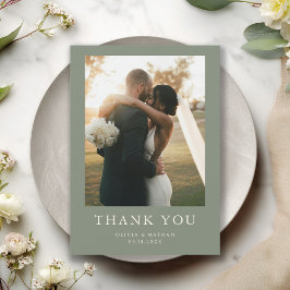 Elegant Boho Sage Green Photo Wedding Dankeskarte