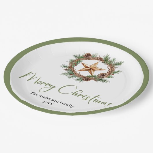 Elegant Boho Scandinavian Cozy Pine Wreath Holiday Pappteller (Schrägansicht)