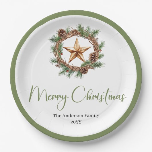 Elegant Boho Scandinavian Cozy Pine Wreath Holiday Pappteller (Vorderseite)