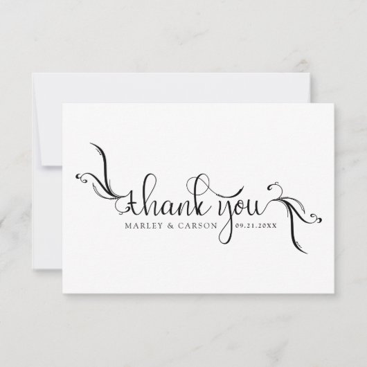 Elegant Boho Script Black & White Wedding Dankeskarte (Vorderseite)