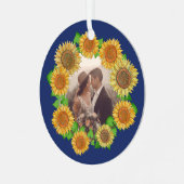 Elegant Boho Sonnenblume Rustic Navy Blue Wedding Ornament Aus Metall (Vorderseite links)