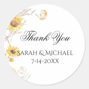 Elegant Boho Sonnenblumen Hochzeitsticker Runder Aufkleber