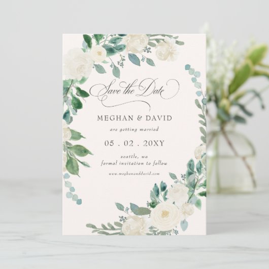 Elegant Boho Summer Elfenbeinblüte Hochzeit Save The Date (Stehend Vorderseite)