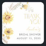 Elegant Boho Sunflower Brautparty Vielen Dank Quadratischer Aufkleber<br><div class="desc">Ein anmutiges Finale in Ihrer herzlichen Ansammlung. Diese Sonnenblume vermischt mit ihrem Aufkleber rustikalen botanischen Charme mit raffinierter Einfachheit - perfekt zum Abdichten von Gefältaschen, Weinflaschen oder Sake-Kisten. Die sonnengewaschene Palette und die elegante Typografie vermitteln in aller Stille Dankbarkeit, sodass sich jeder Gast wohlüberlegt fühlt. Ein subtiles, aber dennoch erhöhtes...</div>