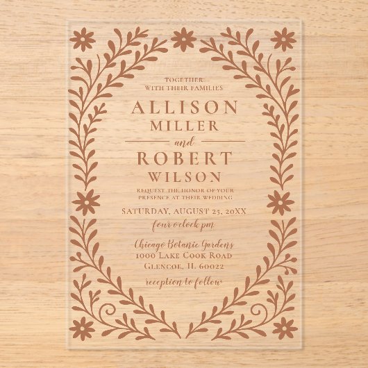 Elegant Boho Terracotta Floral Wedding Acryleinladungen (Vorderseite)