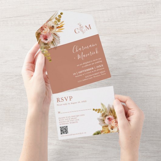 Elegant Boho Terracotta Monogram QR Code Wedding All In One Einladung (Abreißen)