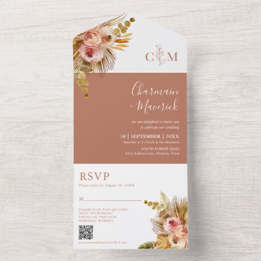 Elegant Boho Terracotta Monogram QR Code Wedding All In One Einladung (Innen Boden)