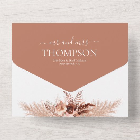 Elegant Boho Terracotta Pampas Wedding All In One Einladung (Rückseite)