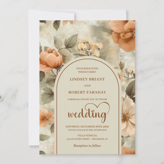 Elegant Boho Terracotta Sage Floral Wedding Invite Einladung (Vorderseite)
