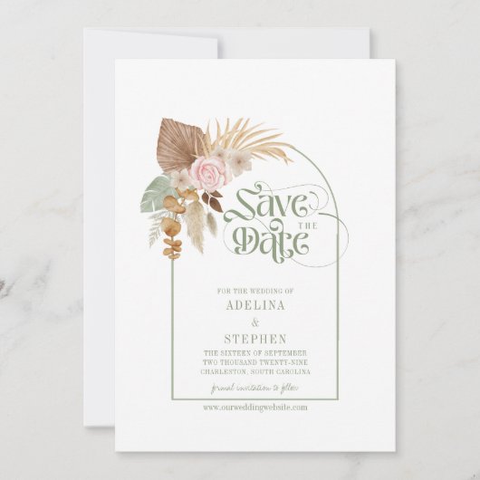 Elegant Boho Tropical Dried Blume Arch QR Code Save The Date (Vorderseite)