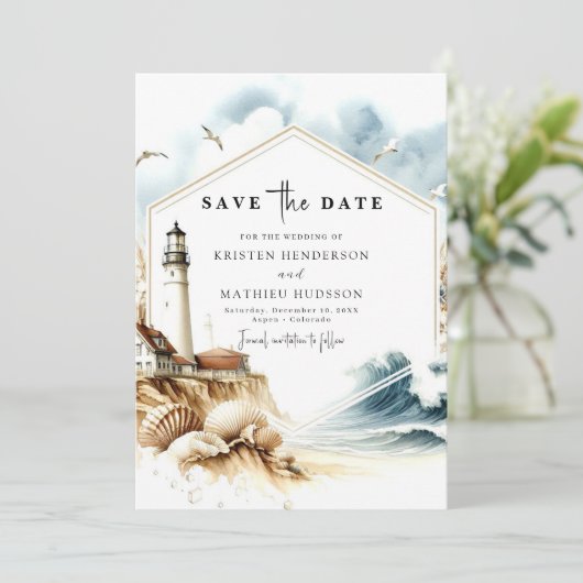 Elegant Boho Typografy Lighthouse Wedding Save The Date (Stehend Vorderseite)