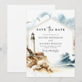 Elegant Boho Typografy Lighthouse Wedding Save The Date (Vorne/Hinten)