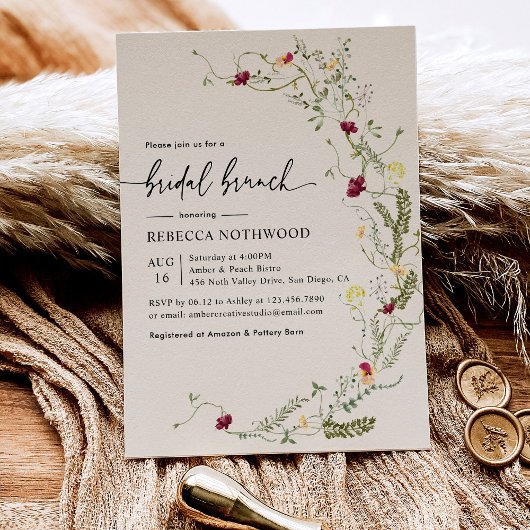 Elegant Boho Wassercolor Wildblumen Bridal Brunch Einladung