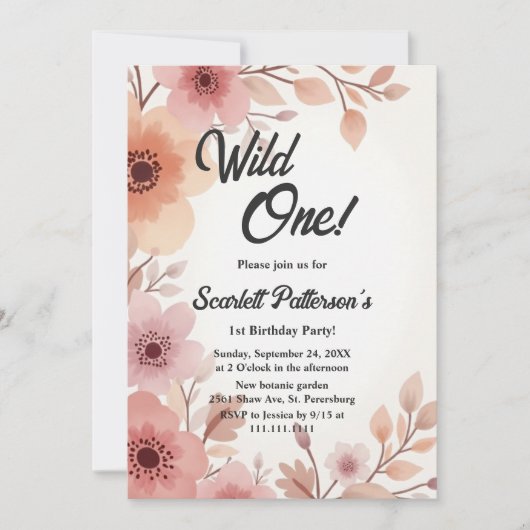 Elegant Boho Wasserfarbe Blumensommer 1. Geburtsta Einladung (Vorderseite)