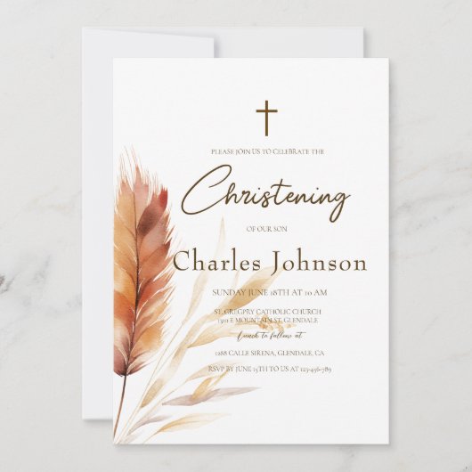 Elegant Boho Wasserfarbe Pampas Fall Son Taufe Einladung (Vorderseite)