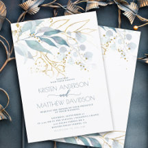 Elegant Boho Watercolor Blue Floral Gold Wedding
