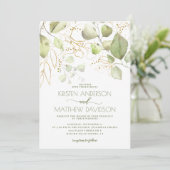 Elegant Boho Watercolor Grüne Goldene Hochzeit Einladung (Stehend Vorderseite)
