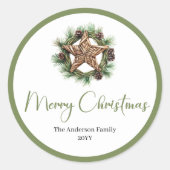 Elegant Boho Watercolor Pine Wreath Christmas Runder Aufkleber (Vorderseite)