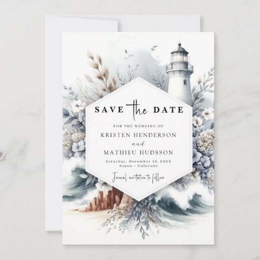 Elegant Boho Waves Lighthouse Wedding Save The Date (Vorderseite)