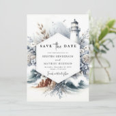 Elegant Boho Waves Lighthouse Wedding Save The Date (Stehend Vorderseite)