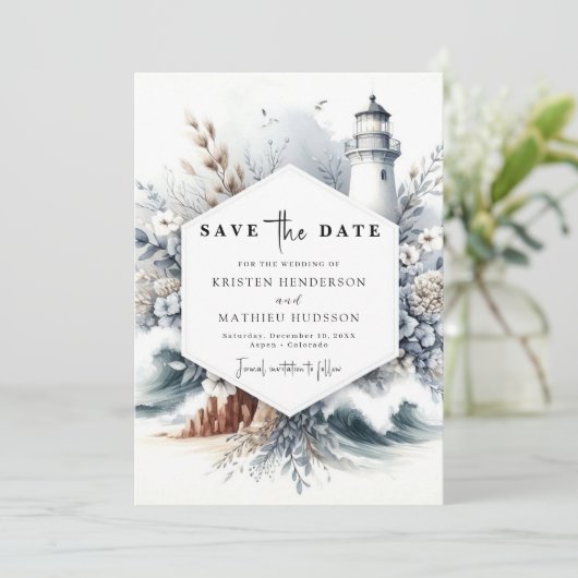 Elegant Boho Waves Lighthouse Wedding Save The Date (Stehend Vorderseite)