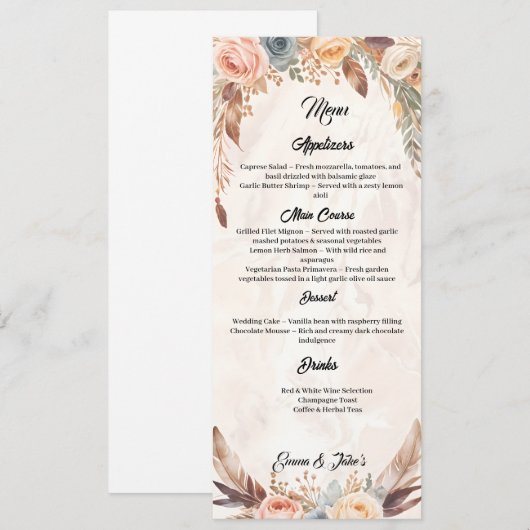 Elegant Boho Wedding Menu Menükarte (Vorne/Hinten)