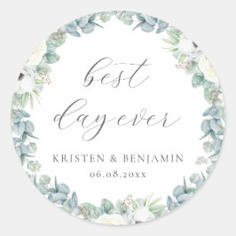 Elegant Boho Weiße Blumengrün Gastgeschenk Hochzei Runder Aufkleber