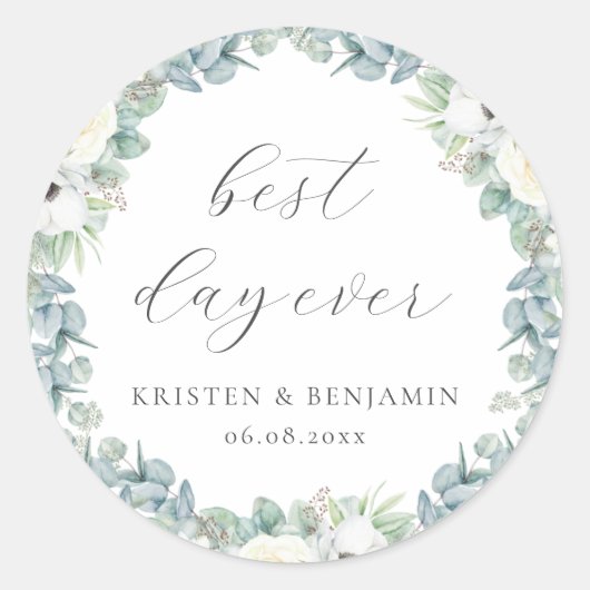 Elegant Boho Weiße Blumengrün Gastgeschenk Hochzei Runder Aufkleber (Vorderseite)