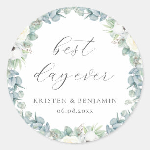 Elegant Boho Weiße Blumengrün Gastgeschenk Hochzei Runder Aufkleber