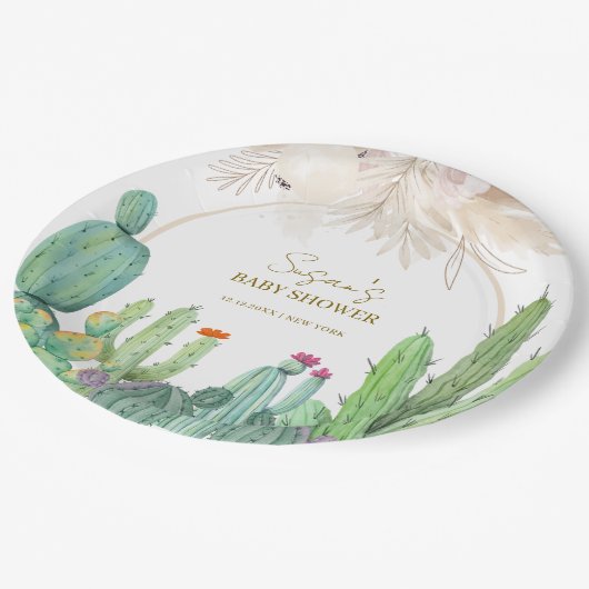 Elegant Boho Western Cactus Arch Baby Shower Pappteller (Schrägansicht)