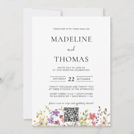 Elegant Boho Wild Blume Foto QR Code Wedding Einladung (Vorderseite)