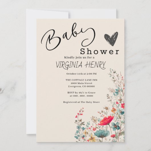 Elegant Boho Wildblume Baby Shower Einladung (Vorderseite)
