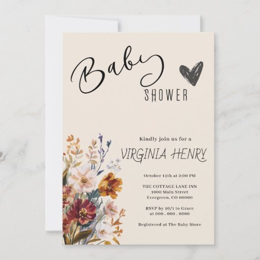 Elegant Boho Wildblume Baby Shower Einladung (Vorderseite)