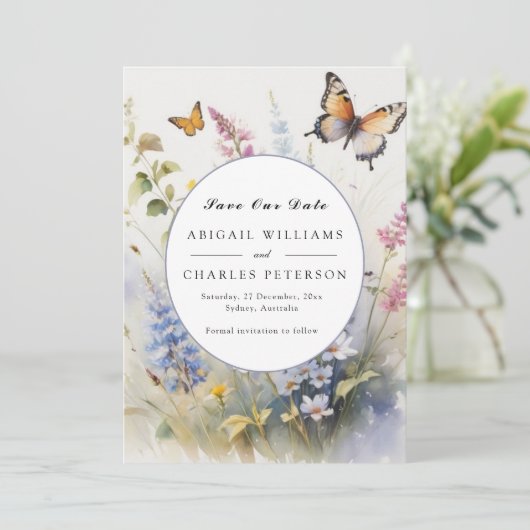 Elegant Boho Wildblume Bloom Save the Date (Stehend Vorderseite)