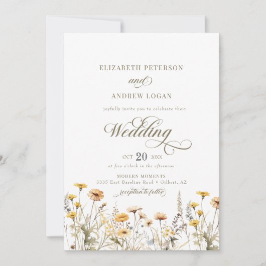 Elegant Boho Wildblume Calligraphy Wedding Einladung (Vorderseite)